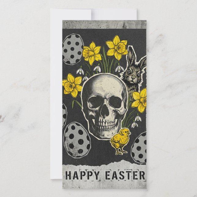 Carte de Pâques crâne joyeuse avec jonquilles, lap (Devant)