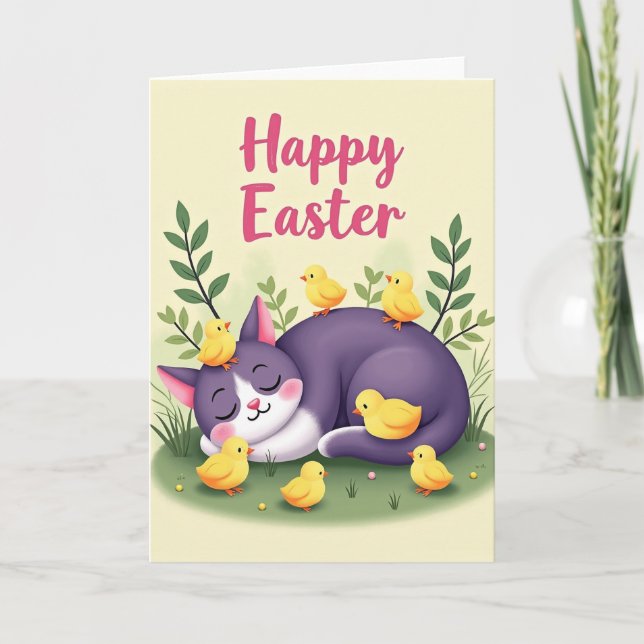Carte de Pâques du chat de Spring endormi (Devant)