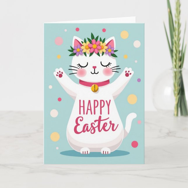 Carte de Pâques Félicitations Chat Floral (Devant)