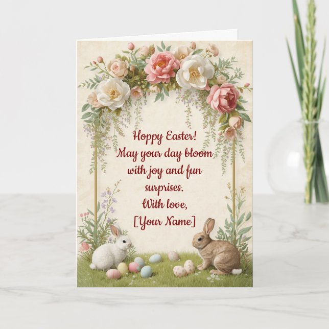 Carte de Pâques Hoppy - Lapins Couronne de Fleurs (Devant)