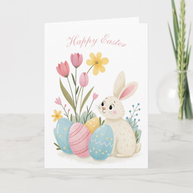 Carte de Pâques Illustration lapin et oeuf (Devant)