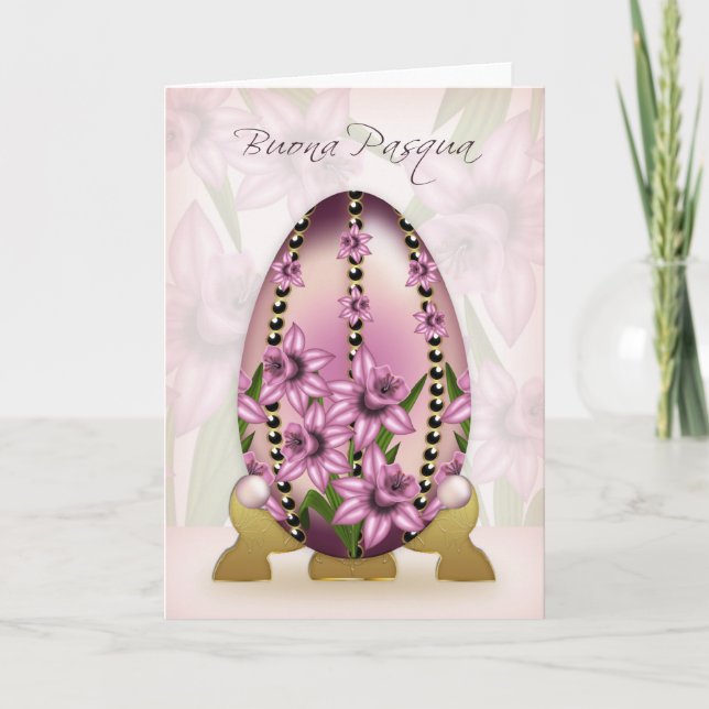 Carte De Pâques Italienne Avec Oeuf Décoré Et Daff (Devant)