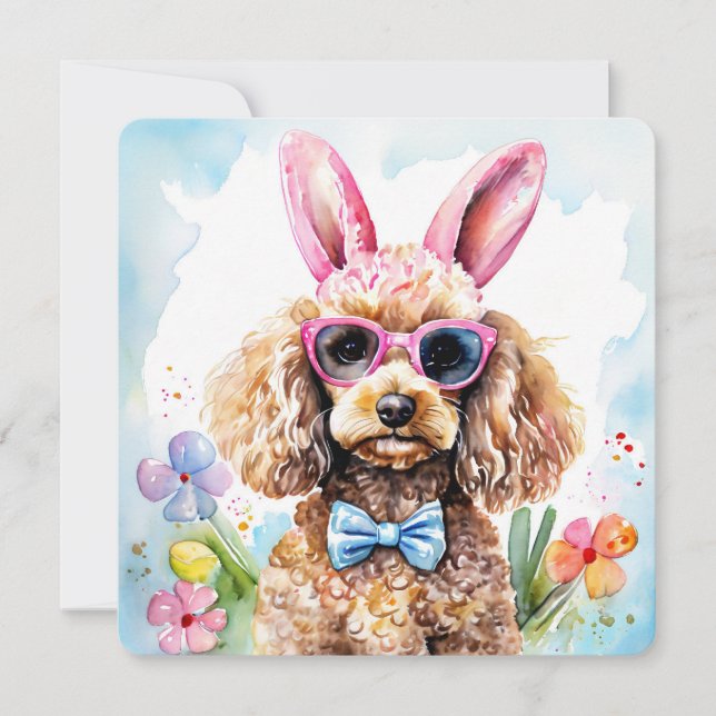 Carte de Pâques Joyeuse Chien Caniche Lapin Aquare (Devant)