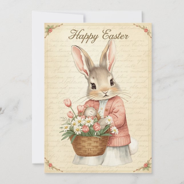 Carte de Pâques Joyeuse - Lapin avec Panier de Fle (Devant)