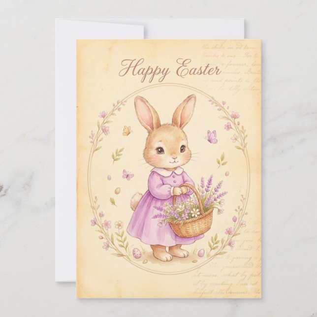 Carte de Pâques joyeuse - Lapin en robe violette (Devant)