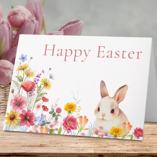 Carte de Pâques Joyeuse Lapin Mignon & Fleurs Sauv (Créateur téléchargé)