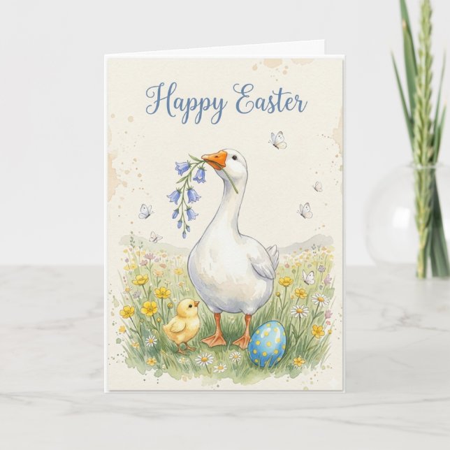Carte de Pâques Joyeuse Oie | Poussin & Jacinthes (Devant)