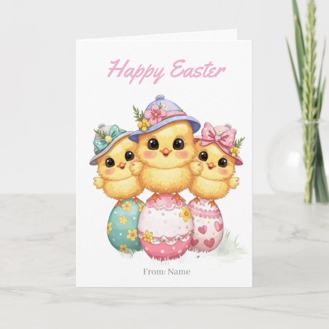 Carte de Pâques Joyeuses Poussins | Chapeaux Migno (Devant)