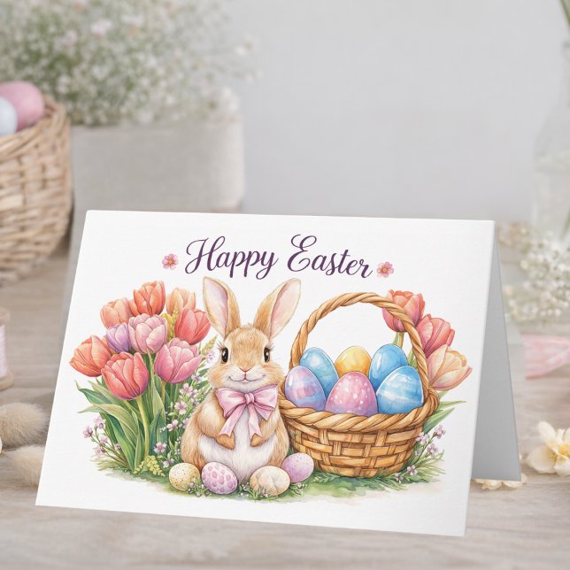 Carte de Pâques Lapin Aquarelle avec Tulipes  (Créateur téléchargé)