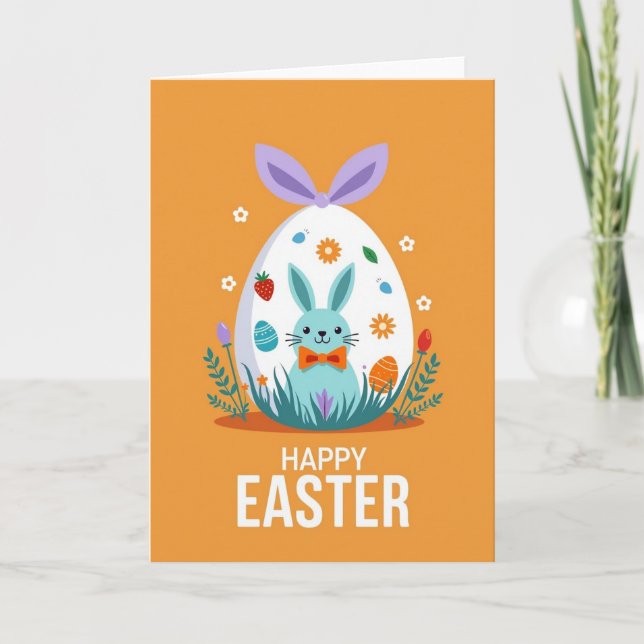 Carte de Pâques Lapin Bleu Ruban Orange (Devant)