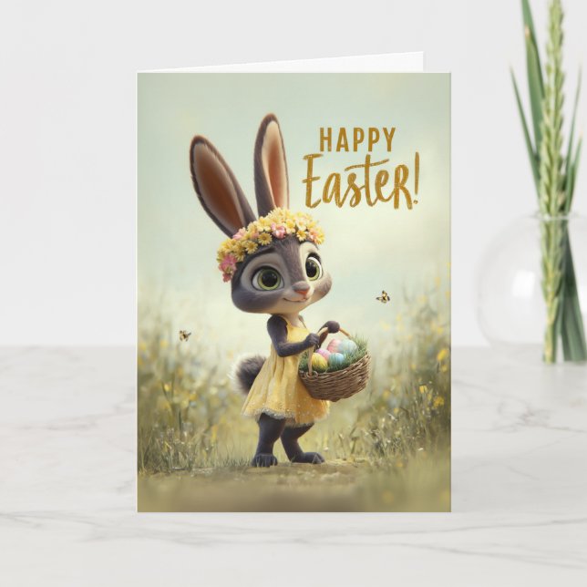Carte de Pâques Lapin de Printemps en Robe Jaune (Devant)