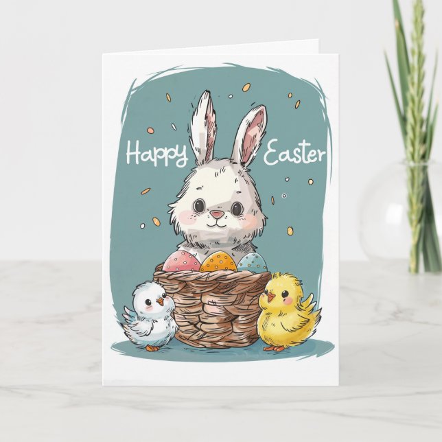 Carte de Pâques Lapin et Poussins (Devant)