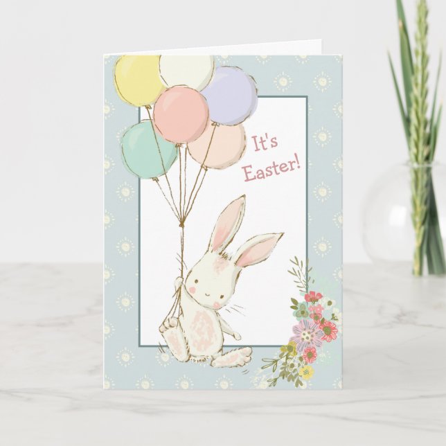 Carte de Pâques Lapin Mignon et Ballons (Devant)