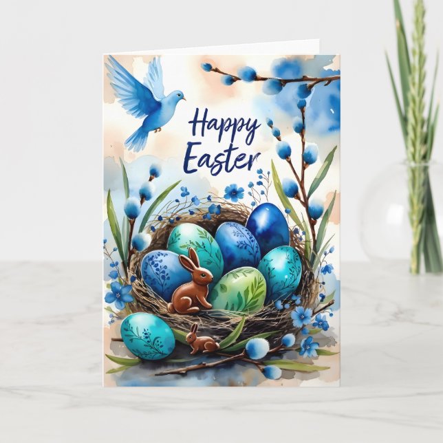 Carte de Pâques Lapin Nid Aquarelle Joyeuse (Devant)