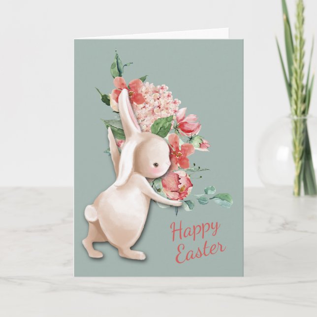 Carte de Pâques Lapin qui livre des fleurs (Devant)