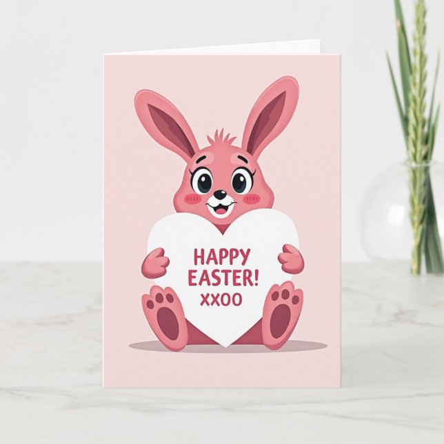 Carte de Pâques Lapin Rose au Coeur (Devant)