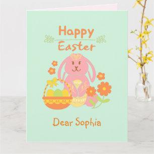 Carte de Pâques Lapin Rose et Fleurs