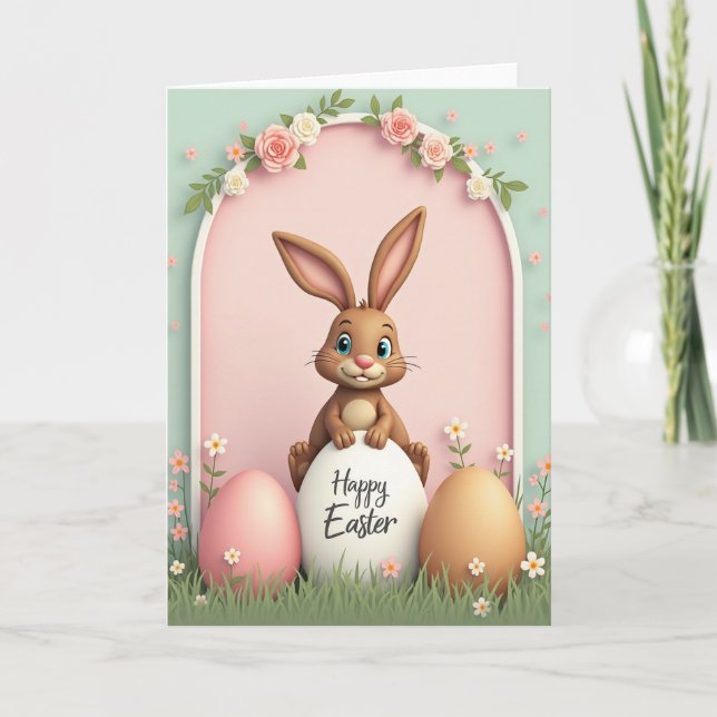 Carte de Pâques Lapin sous l'Arche de Roses (Devant)