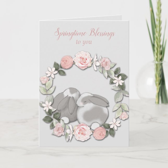 Carte de Pâques Lapins à Couronne Florale de Print (Devant)