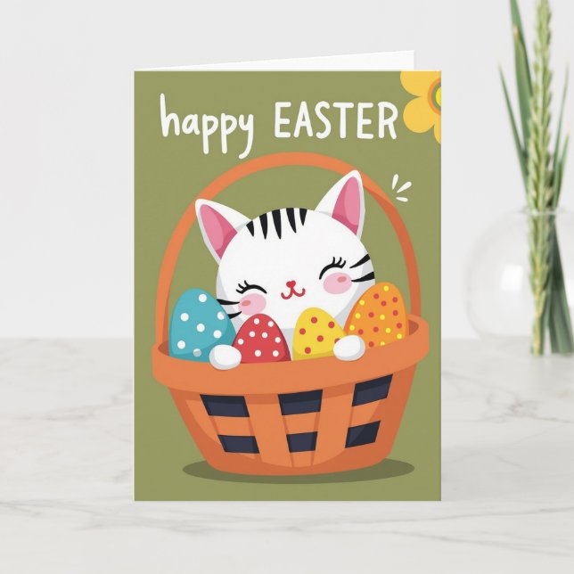 Carte de Pâques Panier de Chat Heureux (Devant)