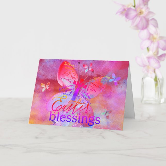Carte de Pâques papillon croix aquarelle rose viol (Orchidée)