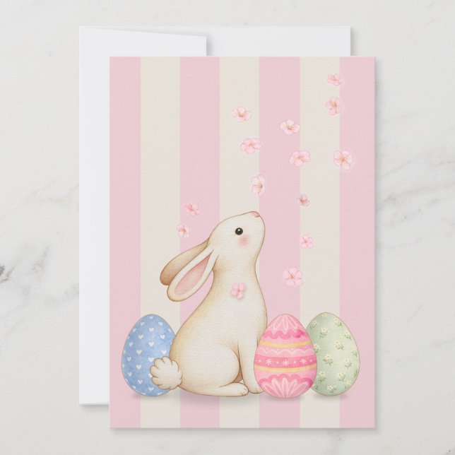 Carte de Pâques plate à rayures Lapin et Œufs de p (Devant)