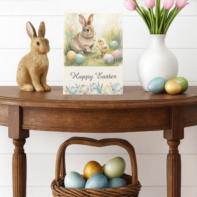 Carte de Pâques pliée Lapin & Poussin Joyeuses Pâq (Easter card with bunny and chick, pastel eggs, tulips, and spring art in foyer mockup.)