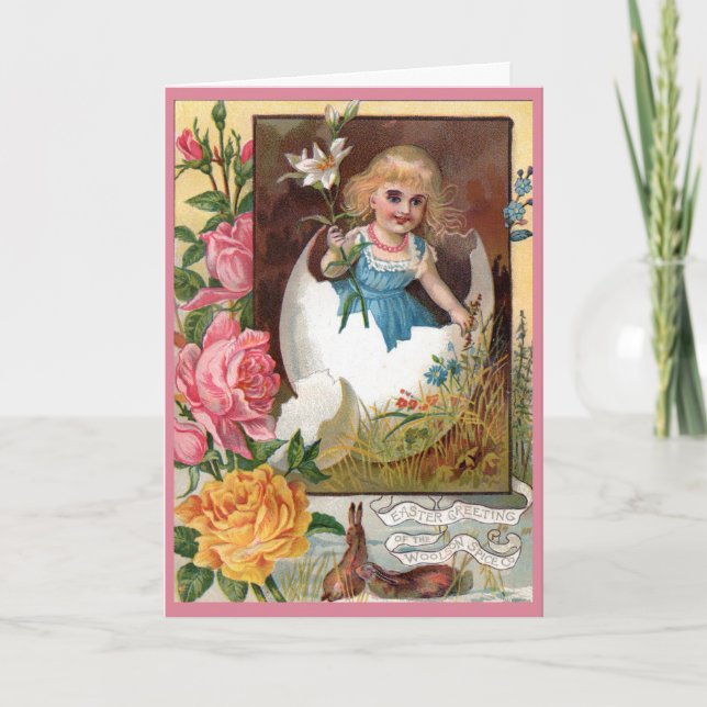 Carte de Pâques victorienne - fille en oeuf (Devant)