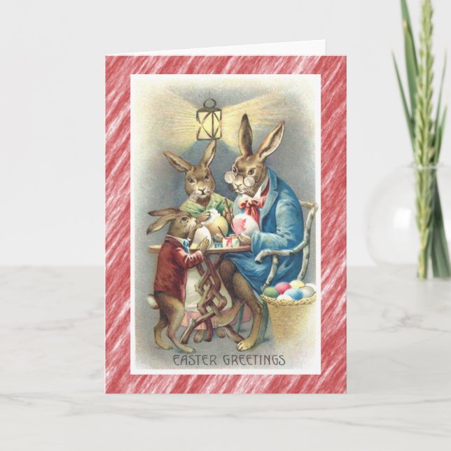 Carte de Pâques vintage, Oeufs de lapin habillés (Devant)
