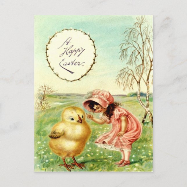Carte de Pâques Vintage Petite Fille Avec Poussin (Devant)
