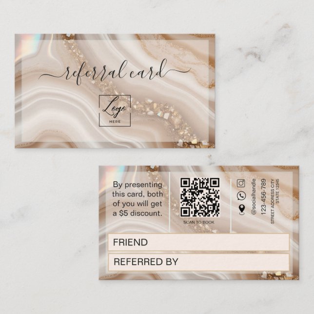 Carte de parrainage à code QR beige et or aquarell (Devant / Derrière)