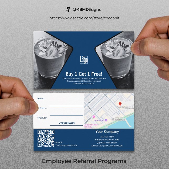 Carte De Parrainage Acheter 1 Obtenir 1 Gratuit Bleu Blanc Noir Récomp (Buy 1 Get 1 Free Blue White Black Employee Reward Referral Card)