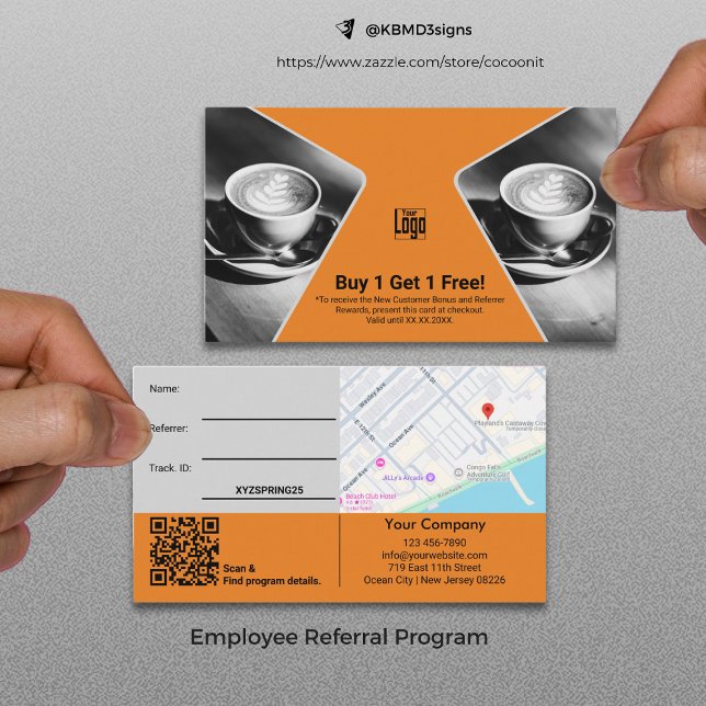 Carte De Parrainage Acheter 1 Obtenir 1 Gris Gris Noir Orange Récompen (Buy 1 Get 1 Free Gray Black Orange Employee Reward Referral Card, BOGO Small Business Marketing Tool)