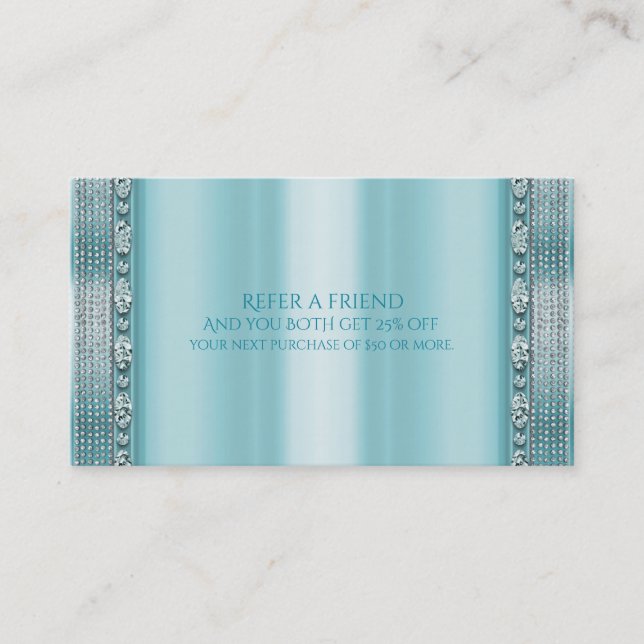 Carte De Parrainage Aqua Bleu Sarcelle & Diamant Argenté Bling Réferer (Devant)
