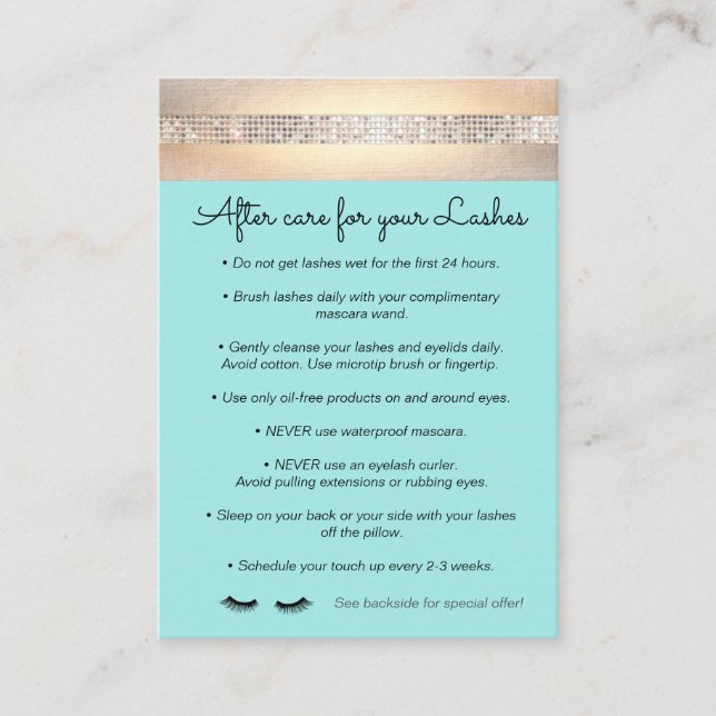 Carte De Parrainage Aqua Eyelash Extensions Instructions de suivi (Devant)