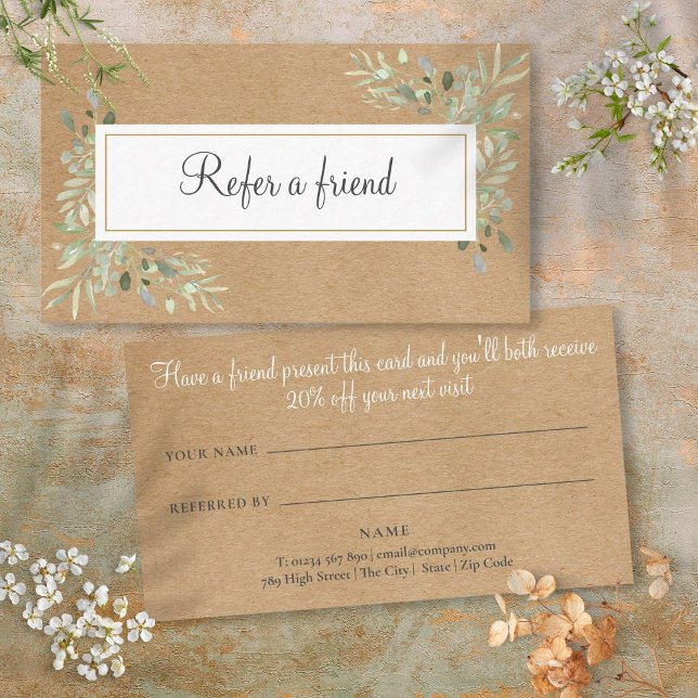 Carte De Parrainage Aquarelle Verdure Kraft Rustique (Watercolor Greenery Rustic Kraft Referral Card)