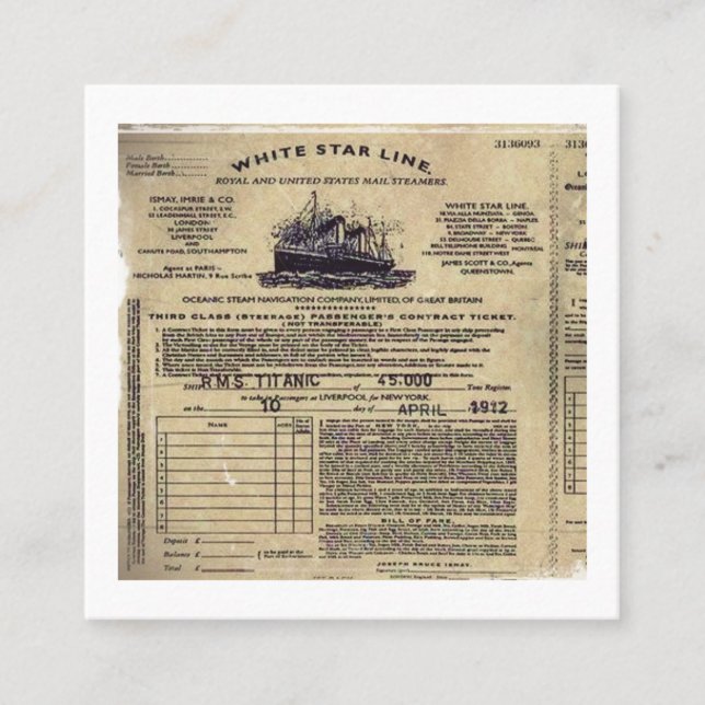 Carte De Parrainage Billet pour RMS Titanic 1912 (Devant)