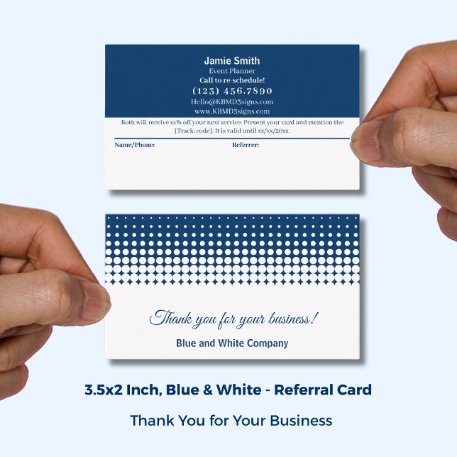 Carte De Parrainage Blue et Blanc Combo Merci & (Blue and White Modern Combo Thank You & Referral Card; Size: 3.5x2 Inch)