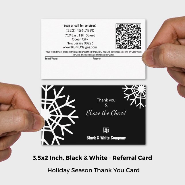 Carte De Parrainage Bonus de vacances noir et blanc Merci (Snowflake Black & White Share The Cheer Thank You Referral Card; Size 3.5x2 Inch (US))