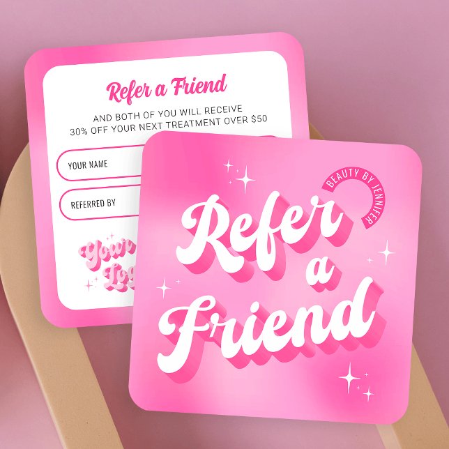 Carte De Parrainage Branché Retro rose recommander un ami Lash Salon N (Groovy Refer a Friend business cards in girly pink colors, featuring retro fonts and your logo)