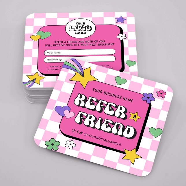 Carte De Parrainage Branché Super Rétro Référencer Une Ami Entreprise (Trendy retro style Refer a Friend business cards featuring groovy fonts & girly pink design)