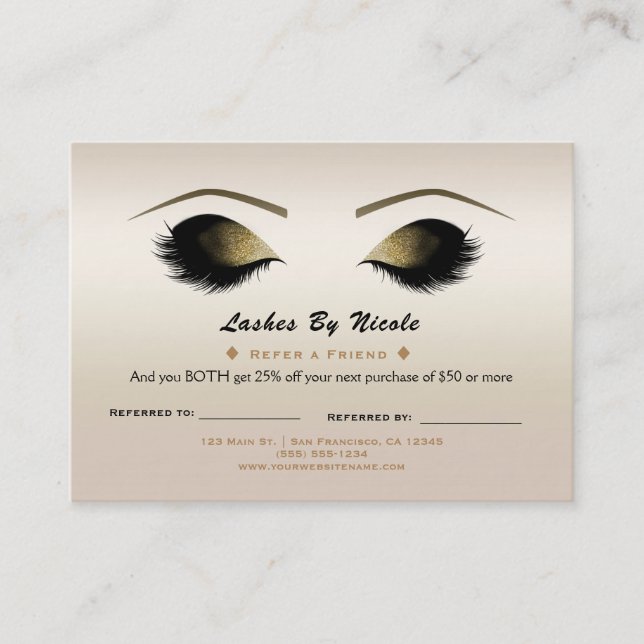 Carte De Parrainage Champagne Pearl Lashes Référez Ami Aftercare (Devant)
