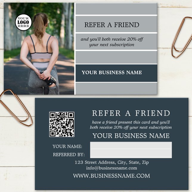 Carte De Parrainage Code QR Logo Photo Gris Rayé (Créateur téléchargé)