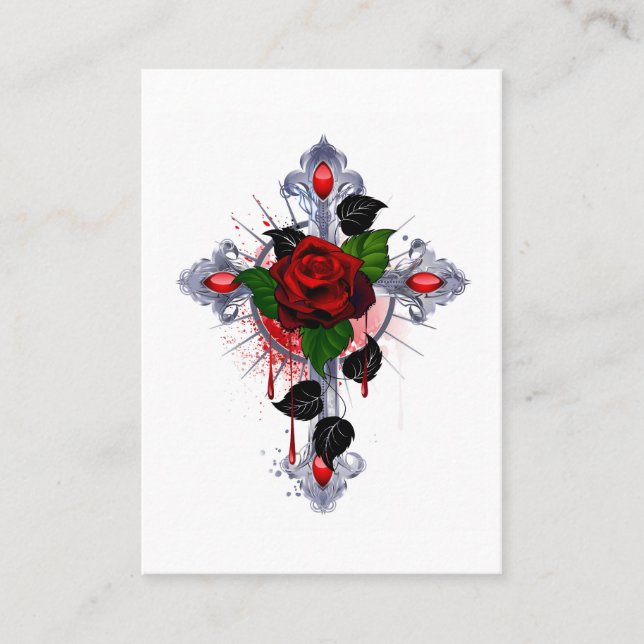 Carte De Parrainage Croix d'argent avec une rose rouge (Devant)