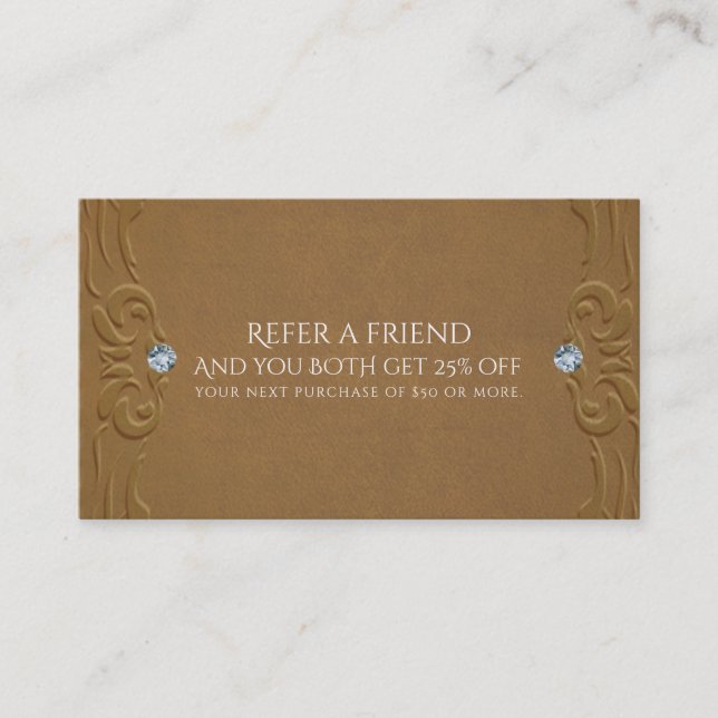 Carte De Parrainage Cuir Brun Faux & Diamants Glam Rustique (Devant)