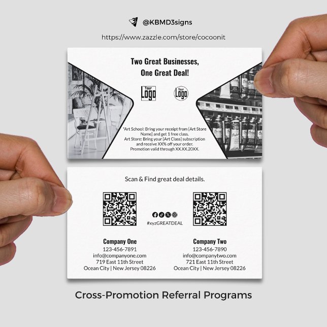 Carte De Parrainage Deux grandes entreprises, une comarque noire et bl (Two Great Businesses, One Co-Branded Black & White Referral Card, Cross Promotion)