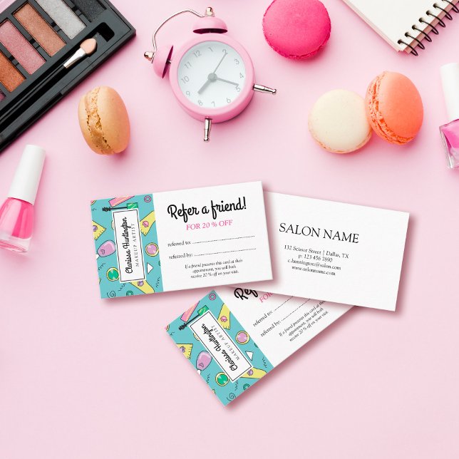 Carte De Parrainage Doodles de maquillage rétro | Référer un ami (Créateur téléchargé)