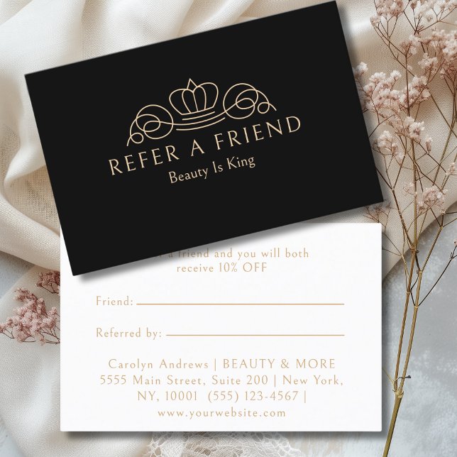 Carte De Parrainage Elegant Crown Logo Salon Black Beige (Elegant Crown Logo Salon Black Beige Referral Card)