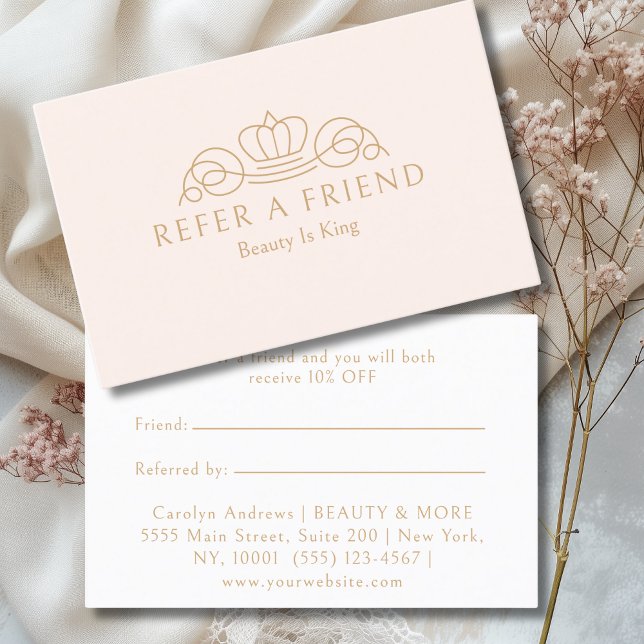 Carte De Parrainage Elegant Crown Logo Salon Blush Beige (Elegant Crown Logo Salon Blush Pink Referral Card)