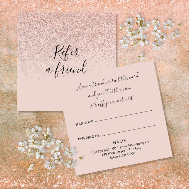Carte De Parrainage Élégant Rose de script moderne Gold Parties scinti (Elegant Modern Script Rose Gold Glitter Customer Referral Card)